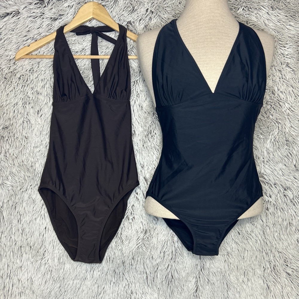 Lot Of 2 Bitten Sarah Jessica Parker Plunge One Piece Swimsuit Black Brown‎ Sz M